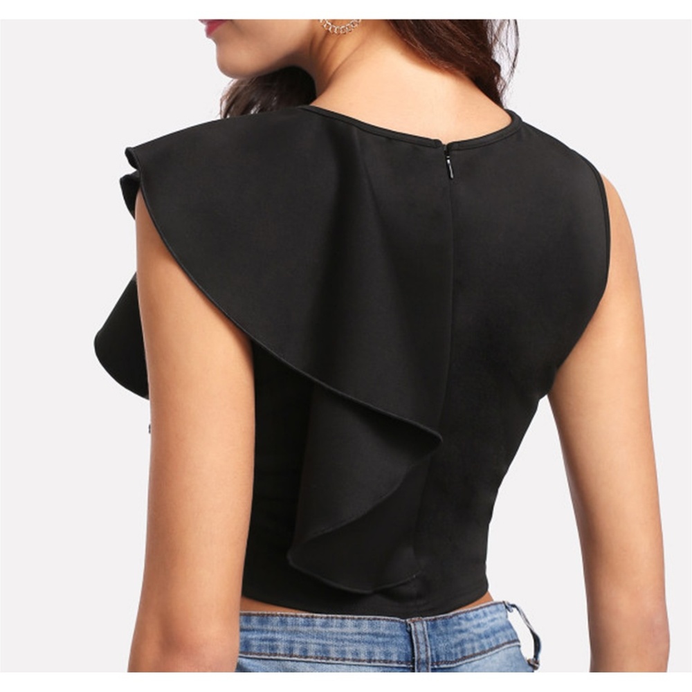 Black Sleeveless Side Ruffle Crop Top - Picture 5 of 5